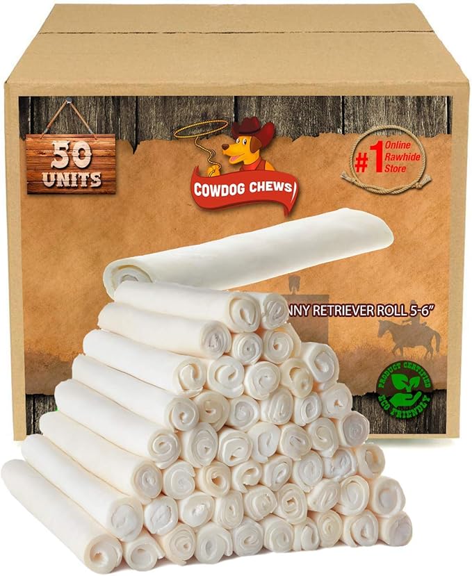 Cowdog Chews 5-6 Inches Rawhide Retriever Roll - Chewing Dog Treat, 100% Natural - Natural Grass Fed Livestock Sourced (50 Pack)