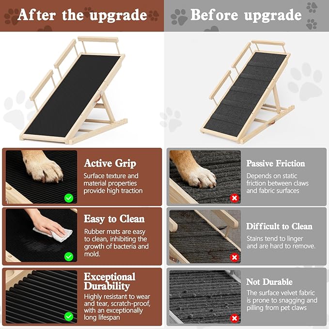 Dog Ramp for High Bed, Couch, Car, Pet Ramps 55.12" Long Adjustable 19.3"-27.17" Wooden Dog Step with Anti-slip Rubber Mat & Safety Side Rails for Small Medium Large Older Pets, up to 250 lbs
