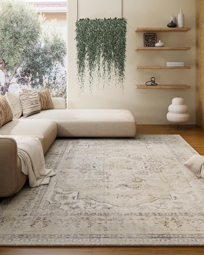 Washable Area Rugs for Living Room: 5x7 Area Rugs for Bedroom Stain Resistant Distressed Vintage Accent Rug Non Slip Low Pile Faux Wool Soft Boho Rugs for Kitchen Bedside Nursery Office Dining Room