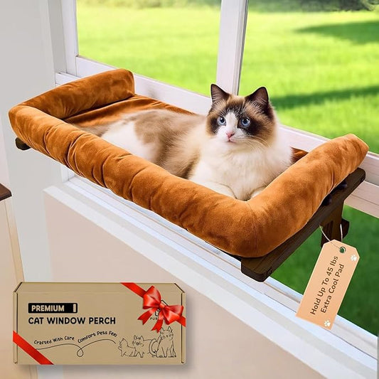 [Ready to Gift] PURRHOUSE 45LBS Cat Window Perch with Bolster, Hammock Seat with Plywood & Metal Frame, Cat Bed for Windowsill, Bedside and Cabinet (Walnut Wood & Brown Cushion, 24.8''W x 9.4''H)