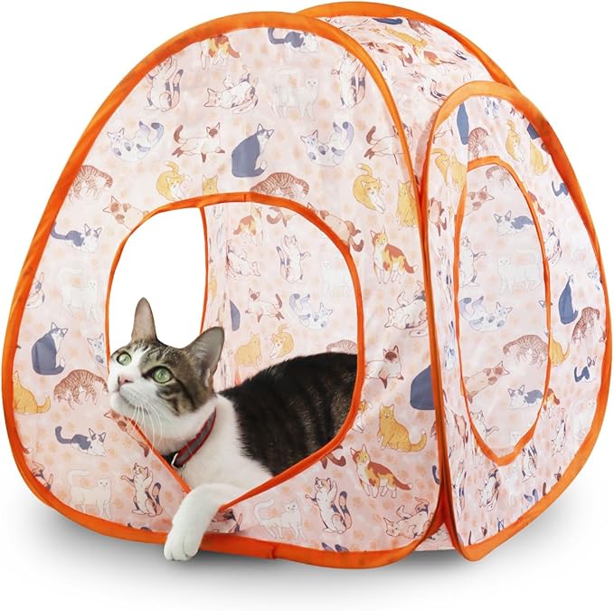 Andiker Cat Tent, 3 Holes Safe and Strong Cute Cats Tunnel Collapsible Easy to Carry Cat House for Indoor Cats Kittens Hiding Playing Training Sleeping (Tent Orange)