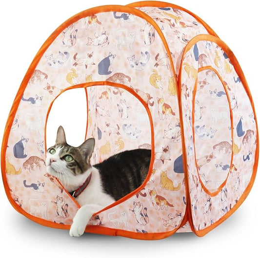 Andiker Cat Tent, 3 Holes Safe and Strong Cute Cats Tunnel Collapsible Easy to Carry Cat House for Indoor Cats Kittens Hiding Playing Training Sleeping (Tent Orange)