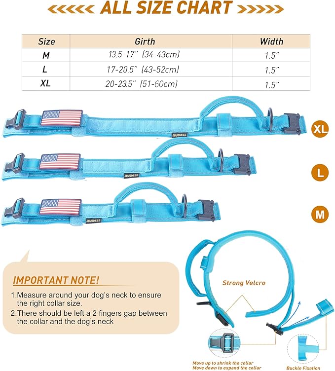 AUBELL Reflective Tactical Dog Collar,Adjustable Military Heavy Duty K9 Collars with Handle and Quick Release Metal Buckle Great for Extra Large Dogs, with Airtag Case and 2 Patches (Blue,XL)