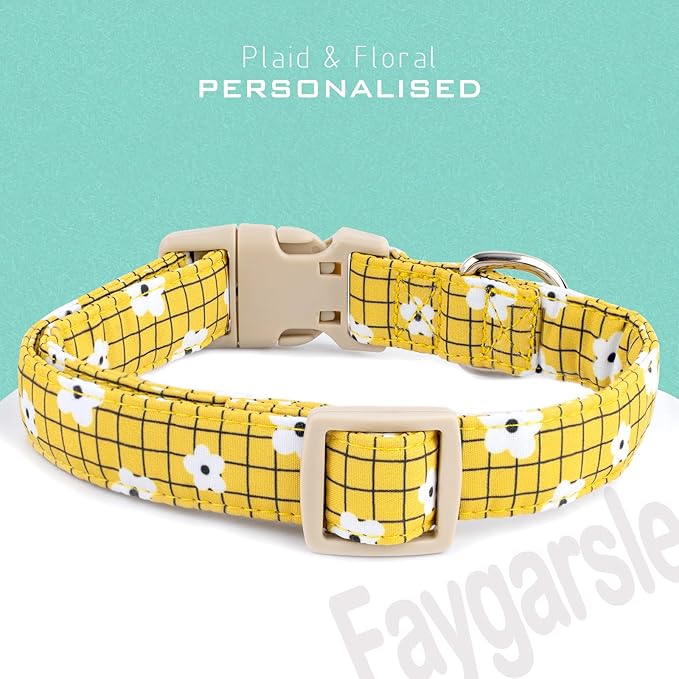 Faygarsle Floral Plaid Pattern Dog Collar, Yellow with White Flowers Summer Spring Design for Small Medium Large Dogs XS