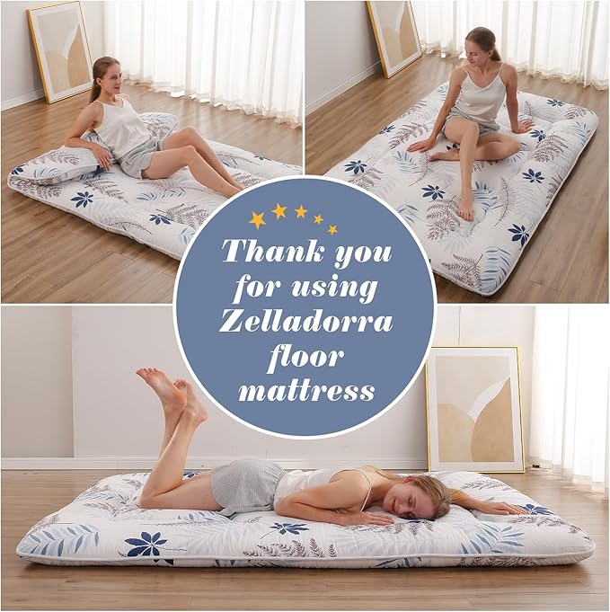 Japanese Floor Mattress, Futon Mattress with Portable Storage Bag and Washable Cover, Roll Up Thick Tatami Mat Suitable for Camping, Guest Room, White Leaf, Queen