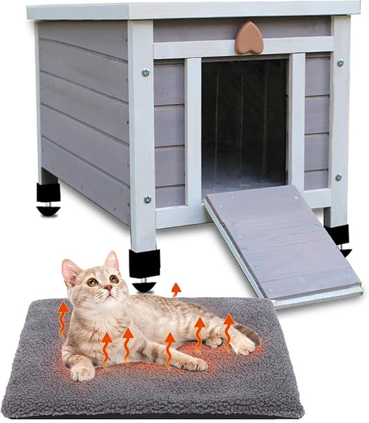 Rockever Outdoor Cat House,Outdoor cat Houses for Feral Cats Weatherproof Rabbit Hutch Small, Wooden Small Pet House and Habitats (Modern, Grey-with Mat)