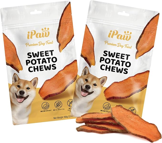 iPaw Sweet Potato Chews, Single Ingredient Dog Treats for Vegetarian, All Natural Human Grade Puppy Chew, Rawhide Alternative, Hypoallergenic, Easy to Digest, 2 Packs