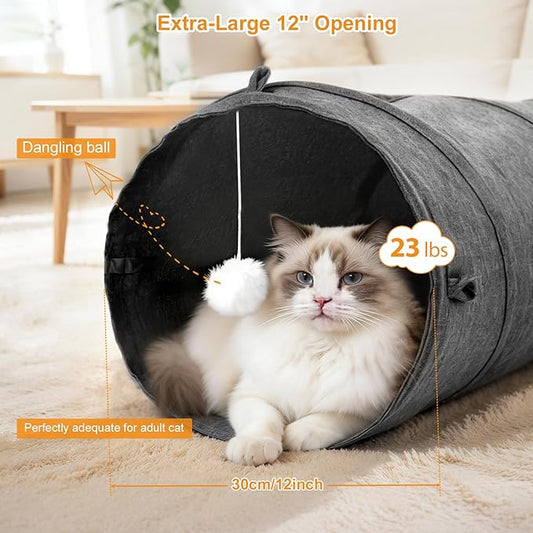 Ownpets Cat Tunnel 12 Inches in Diameter Larger Pet Tunnel Tube with Plush Ball & Feather Toy, U-Shaped Cat Play Tunnel for Big Cat, Puppy and Rabbits