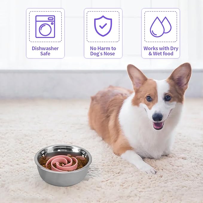 Slow Feeder Dog Bowls Insert, Bestalk Soft Silicone Slow Eating Feeder Insert with Suction Cups for Small, Medium and Large Dogs, Fit into Basic and Elevated Dog Bowls, Pink
