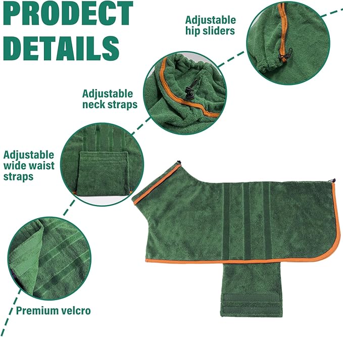 Dog Drying Coat - Fast Drying Dog Towel Robe - Microfiber Super Absorbent Pet Bathrobe, Adjustable Collar & Belly Strap Pet Coat Pet Bath Robe Towel (XXX-Large, Green)
