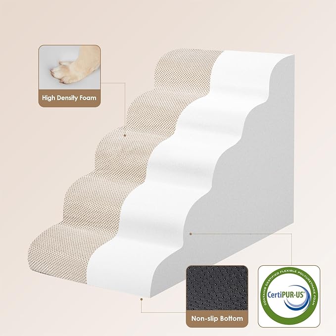 EHEYCIGA Curved Dog Stairs Ramp for High Beds, 5-Step Extra Wide Dog Steps for Small Dogs and Cats, Pet Stairs for High Bed Climbing, Non-Slip Balanced Pet Step Indoor, Beige