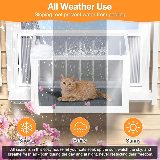 Cat Window Box Catio, Clear Acrylic Outdoor Cat Enclosure, Expandable Universal Cats Window Perch (25.4"-43.3"), Weatherproof & Easy-Install Kitty Balcony for Sunbathing & Birdwatching (Grey)