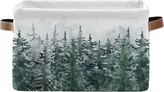 Winter Pine Forest Tree Storage Basket with Waterproof Liner and PU Handles Christmas Snow Scene Storage Bins Boxes 14.2" Collapsible Decorative Organizer Baskets for Bedroom Closet Office 1 Pack