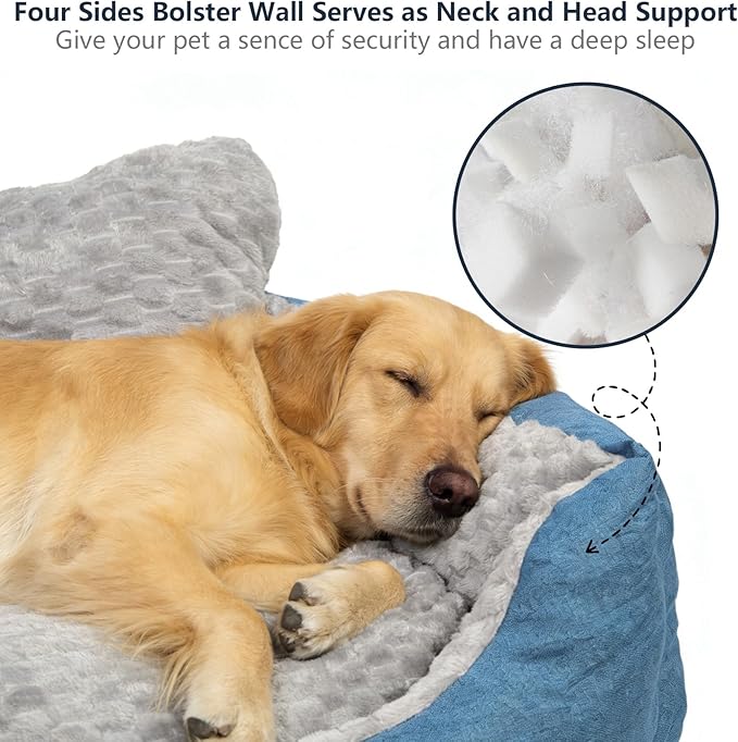 Dog Bed for Small Dogs & Cats with Soft Plush Cushion, Blue and Gray,Non-Slip Bottom, Year-Round Faux Fur Linen Calming Pet Sofa (Up to 17 lbs)