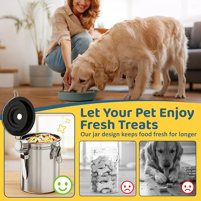 Dog Treat Container Airtight- 7.2"x4.7" /1.8L Stainless Steel Cat Treat Jar for Kitchen Counter with Scoop, Pet Storage for Fresh Dog Cookie
