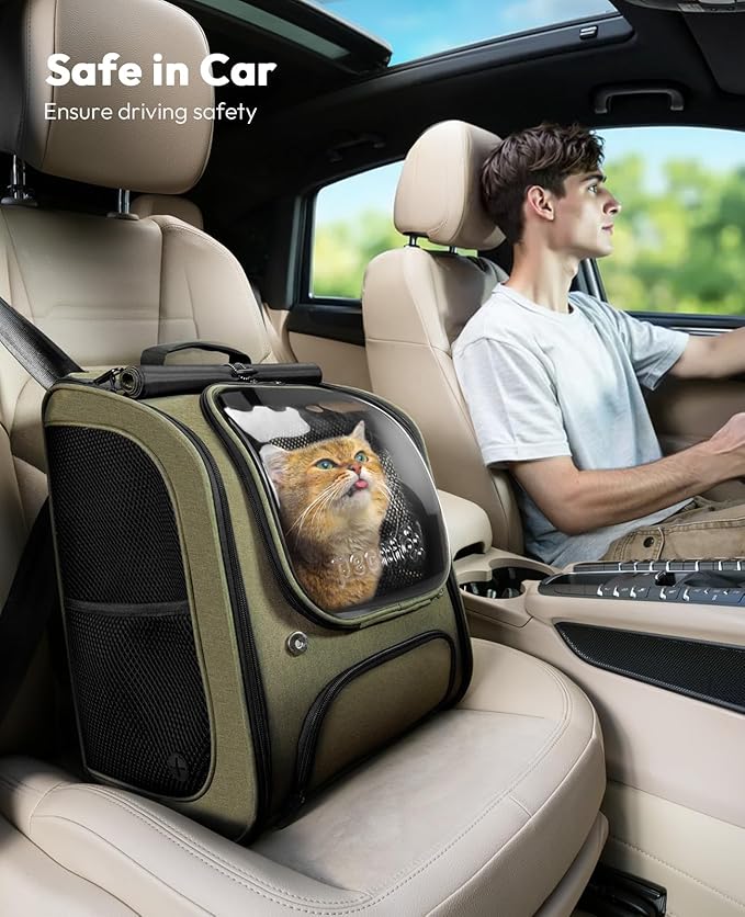 Pecute Cat Backpack Carrier, Large Space Cat Bubble Backpack, Breathable Cat Carrier, Shaded Dog Backpack Carrier, Ergonomic 3D Design for Travel, Hiking, Walk, Suitable for Shopping, Car, Vet, Green