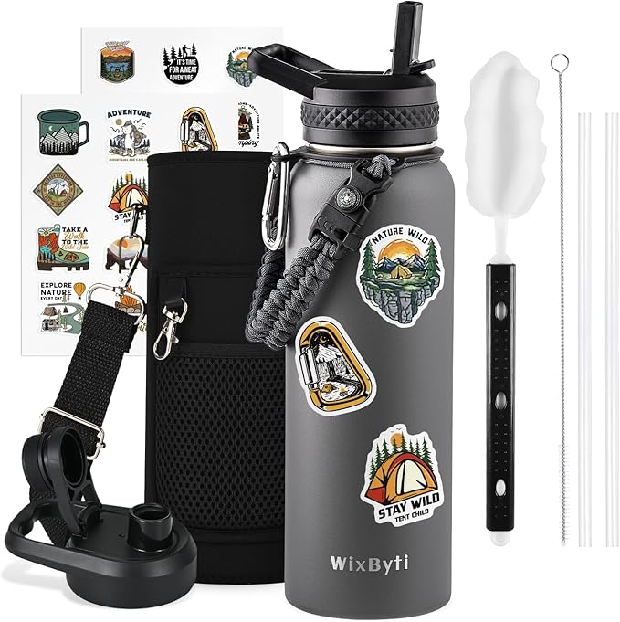 40 oz Insulated Water Bottle with Straw (Cold for 48 Hrs), Stainless Steel Triple Wall Vacuum Sports Water Jug, Leakproof Hydro Cup Flask with Paracord Handle & Straw Spout Lids & DIY Stickers