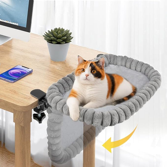 Pawow X-Large Cat Desk Bed - 90° Foldable Space-Saving Cat Beds, 2 Washable Covers (Faux Rabbit Fur & Cool Mesh), Heavy-Duty Frame Supports 40lbs, Easy Install Pet Perch for Office & Game Tables