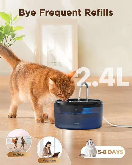 Cat Water Fountain for Cats Inside: Pet Water Fountain - Auto Cat Drinking Fountain - Faucet Kitty Water Dispenser with LED Light - Silent Water Bowls for Small Animal - 2.4L Waterer with 9 Filters