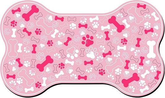 Dog & Cat Food Mat Bone Shaped Pet Feeding Mat Quick Absorb Water Bowl Placemat with Rubber Backing Indoor Floor Stain Resistant Pet Accessory Supplies (Light Pink, 17x29 Inches)