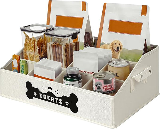 Dog Treat Container, Dogs Storage Organizer with Removable Dividers, Collapsible Dogs Treat Holder for Countertop, Trapezoid Pet Treats Containers, Dog Toy Basket with PU Handles, Large, Beige