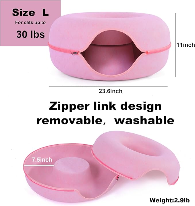 Large Cat Tunnel Bed for Indoor Cats with 3 Toys, Scratch Resistant Donut Cat Bed, Up to 30 Lbs (L 24x24x11, Pink)