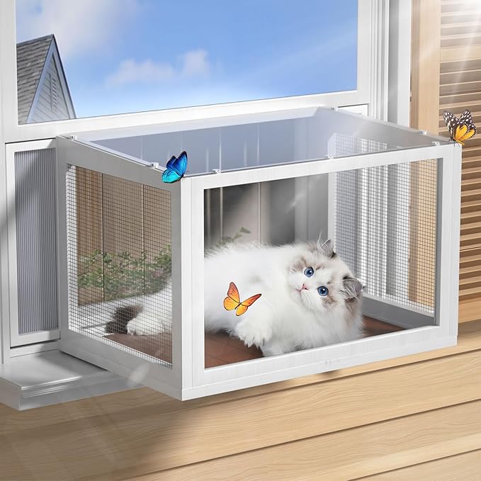 Cat Window Box Catio, Clear Acrylic Outdoor Cat Enclosure, Expandable Universal Cats Window Perch (25.4"-43.3"), Weatherproof & Easy-Install Kitty Balcony for Sunbathing & Birdwatching (Walnut)
