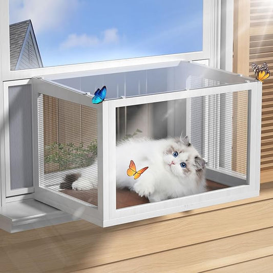 Cat Window Box Catio, Clear Acrylic Outdoor Cat Enclosure, Expandable Universal Cats Window Perch (25.4"-43.3"), Weatherproof & Easy-Install Kitty Balcony for Sunbathing & Birdwatching (Walnut)