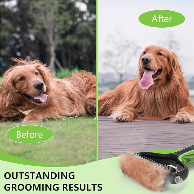 Pet Grooming Supplies - 2-in-1 Professional Undercoat Rake and Pet Brush | Shedding Control for Long Haired Dogs and Cats, Deshedding Tool, Furminator for Dogs, Green