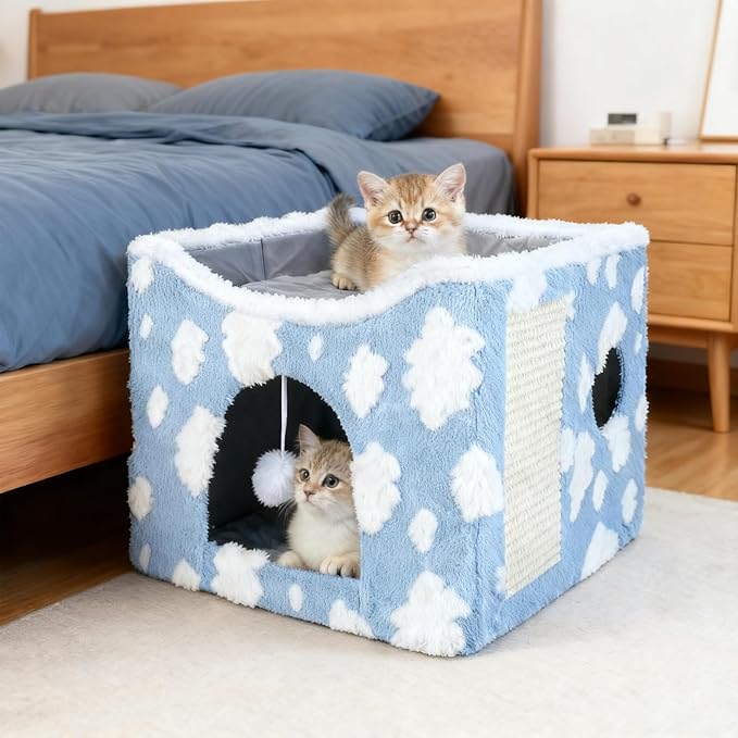 Indoor Cat Beds Large Cat Cave Pet Cube Cat House with Fluffy Ball Hanging and Scratch Pad Foldable Cat Hideaway with 2-in-1 Reversible Cushion for Small Animals Cozy Clouds Blue