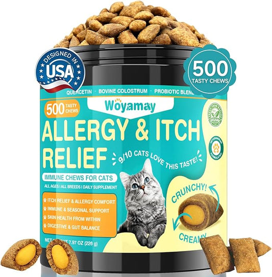Cat Allergy Relief for Cats, 500 Crunchy & Creamy Anti-Itch and Immunity Chews for Itchy Skin, Paws, Eyes, Ears| Stop Licking & Scratching, Supports Seasonal Itching, Chicken Flavor