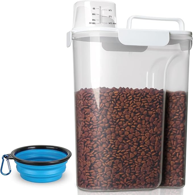 Dog Food Storage Container, 5-7 Lbs Airtight Pet Food Container, Cat food Container Dispenser with Portable Handle, Pouring Spout, Measuring Cup and a Collapsible bowl for Dogs Cats White/6Qt