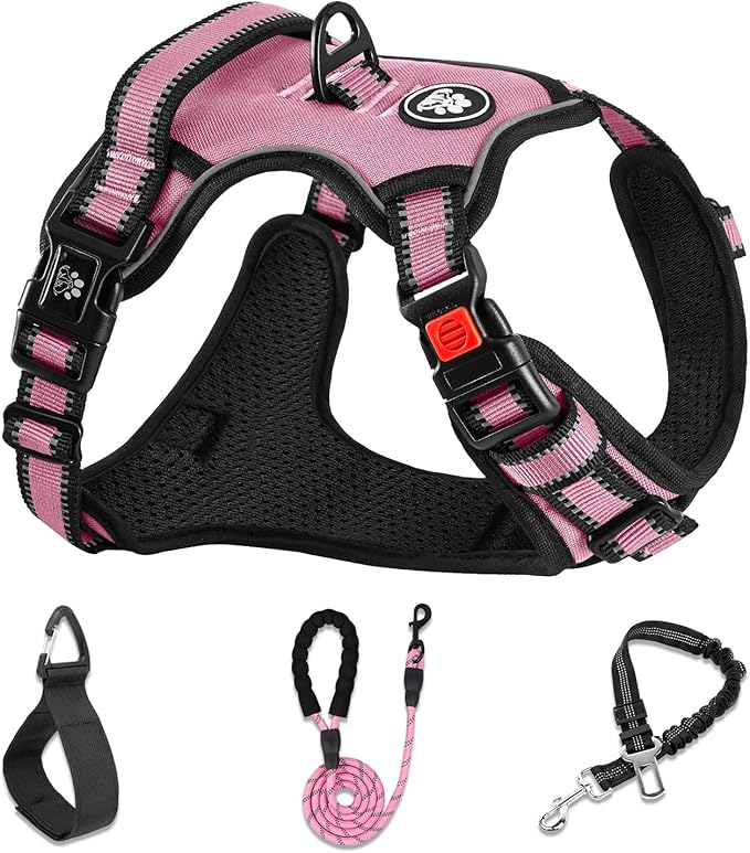 NESTROAD No Pull Dog Harness,Adjustable Oxford Dog Vest Harness with Leash,Reflective No-Choke Pet Harness with Easy Control Soft Handle for Large Dogs(Large,Pink)