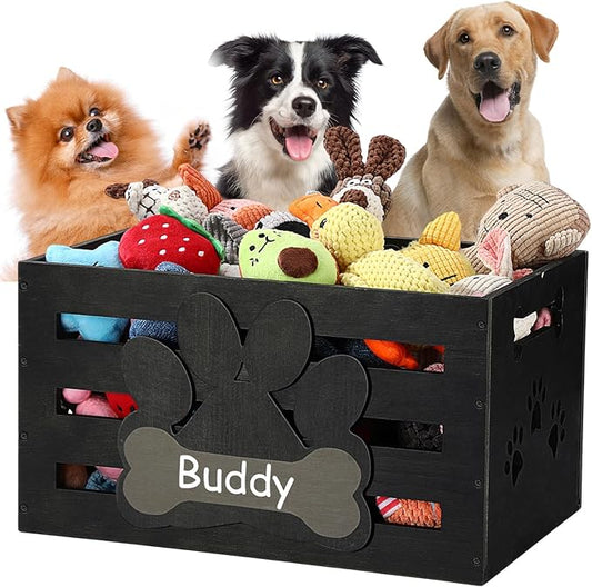 Large Dog Toy Basket Wood Dog Toy Bin Storage Baskets Box with Handles and Label Position Design Large Organizer with Paw Pattern Print for Pets Toys Food Blankets Clothes 18"x12"x10"