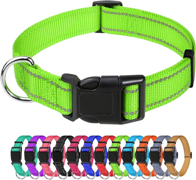 TagME Reflective Nylon Dog Collars, Adjustable Classic Collar with Quick Release Buckle for Extra Large Dogs, Green, 1¼" Width
