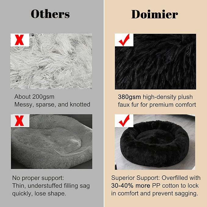 Calming Donut Dog Beds for Small Dogs Kitten - Washable Removable Cover Non-Slip Bottom, Round Pet Bed Puppy Bed Warming Fluffy Faux Fur Anti-Anxiety, Fits up to 15 lbs (Black, 20")