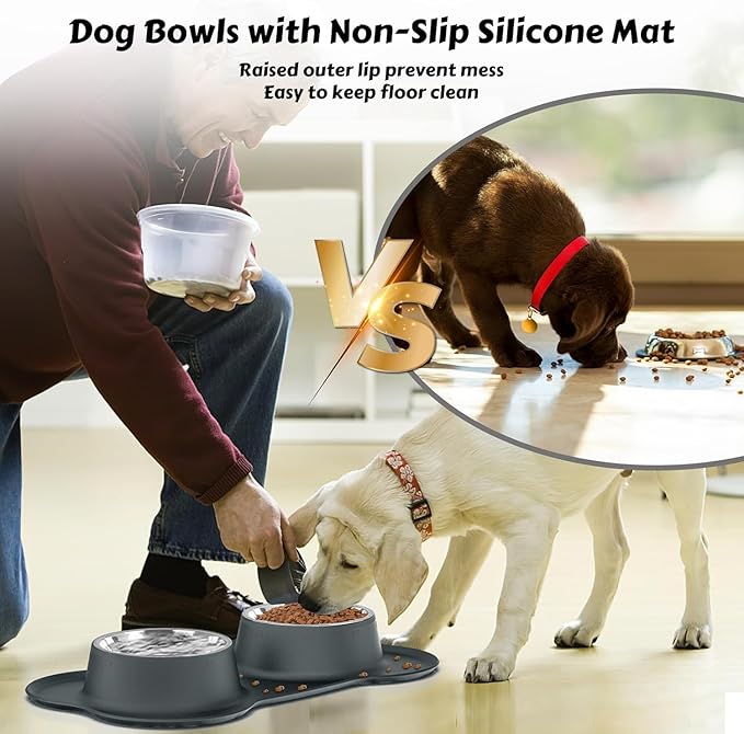 AsFrost Dog Food Bowls, BPA Free Stainless Steel Dog Food and Water Bowl Set, 2 Large Dog Bowls with No Spill Non-Skid Silicone Mat, Dog Dishes for Medium Large Sized Dogs Pet Bowls, 6 Cup, Grey