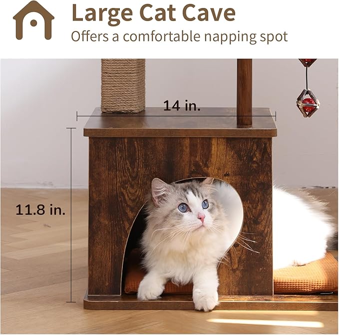 FUKUMARU Cat Tree, 4 in 1 Large Modern Cats Tower with Jute Scratching Post and Hammock, Wood Cat Condo with silvervine Balls, Brown Cat Climber Stand Playhouse for Indoor Cats, Retro Style