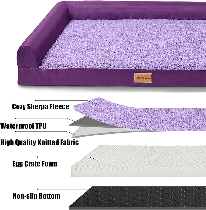 Patas Lague Orthopedic XL Dog Bed Large Sized Dog 48''X30'', Waterproof L Bolster Big Pet Sofa Beds with Removable Washable Cover, Soft Comfortable Pet Couch Crate Mat with Nonskid Bottom, Purple