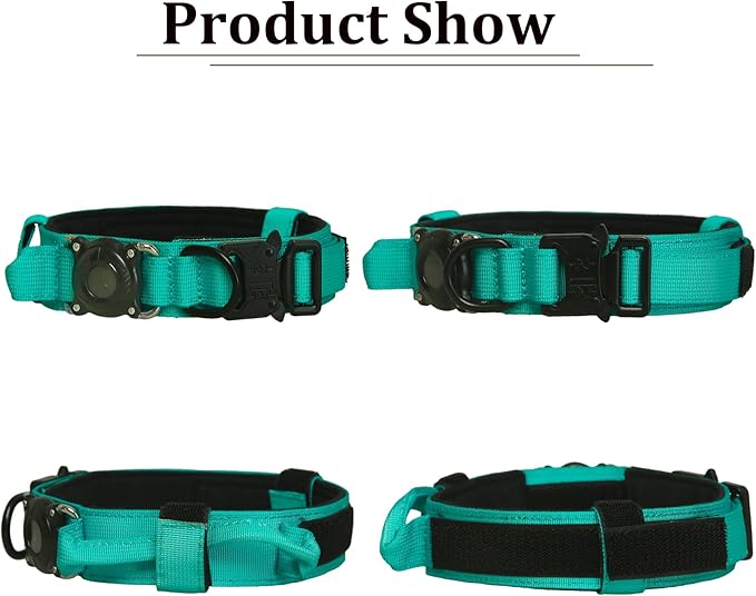 Xqpetlihai Upgraded AirTag Dog Collar Waterproof Tactical Dog Collar with AirTag Holder Heavy Duty Dog Collars for Large Dogs (Teal，L