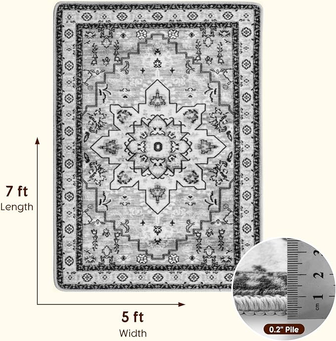 LBRO2M Boho Area Rug 5X7 Washable Rugs for Bedroom Low Piles Indoor Carpet, Non Slip Soft Rug for Living Room, Dining Room, Gray Rug Foldable Pet Friendly Area Rugs Stain Resistant (5'X7' Gray)