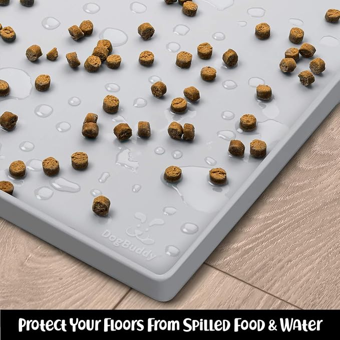 DogBuddy Dog Food Mat – Waterproof Dog Bowl Mat for Food and Water, Silicone Pet Feeding Mats for Floors, Non-Slip Placemat with High Edges for Dogs Bowls, Puppy Essentials (XL: 28" x 18", Mist)