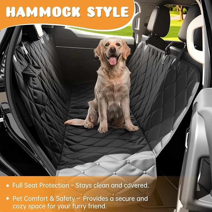 Dog Car Seat Cover for Back Seat 100% Waterproof, Long-Lasting and Soft Nonslip Backseat Dog Cover for Cars, SUVs and Trucks (Black, Standard (54" W x 59" L))