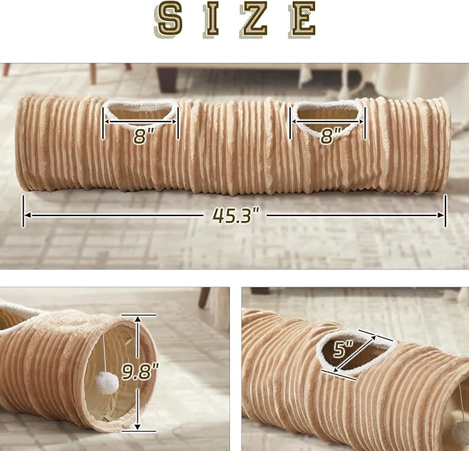 Cat Tunnel for Indoor Cats,Cats Toys Collapsible Tunnel Straight Tube with a Fun Ball and 2 Holes,Cat Play Tunnels,for Rabbits, Ferrets, Puppies & Small Pets,Diameter 9.8 Inch