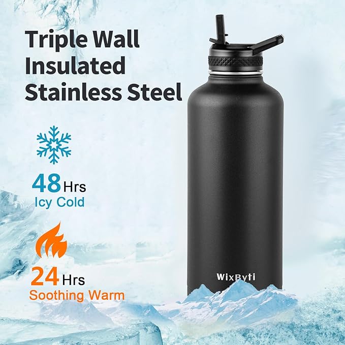 87 oz Insulated Water Bottle with Straw (Cold for 48 Hrs), Half Gallon Stainless Steel Triple Wall Vacuum Sports Water Jug, Leakproof Hydro Cup Flask with Straw Spout Lids & DIY Stickers