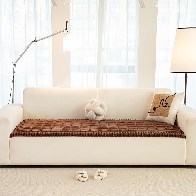 Faux Fur Plush Dog Couch Cover, 3D Stripe Fuzzy Sofa Covers, Non-Slip Fluffy Dog Bed Cover Pet Blanket, Washable Furniture Protector for Puppy Cat (Dark Coffee,28"x82")