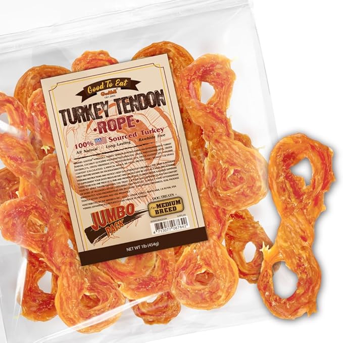 Gootoe Turkey Tendons for Dogs –All-Natural, Hypoallergenic Dog Treats, Rawhide Alternative, Long Lasting Puppy Chews, Healthy Dog Treats for Medium Breeds, Rope (M), 16 oz Pack (1 lb)