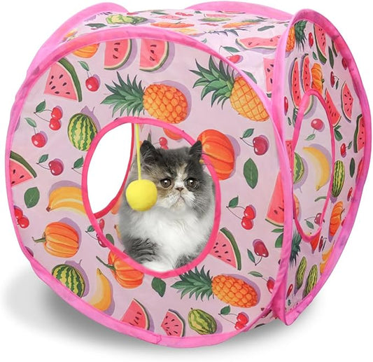 Andiker Small Cat Tents for Indoor Cats, Summer Fruit Patten 15" Foldable Cat Tube with 1 Plush Ball and 3 Holes Kitten Hide-and-Seek Toy to Relieve Boredom Also for Kitten Rabbits (Pink)
