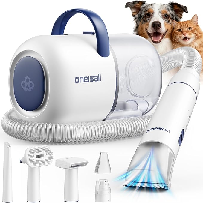oneisall Dog Grooming Vacuum, 15000Pa Pet Vacuum Kit Shedding 99% Pet Hair, Dog Grooming Clippers with Trimmer Nail Grinder, ≤ 59dB Quiet Brush with 6 Tools, 2L Canister for Home Cleaning,Cozy SE 2