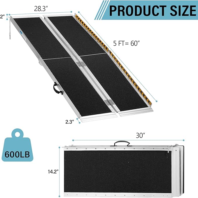 5FT Wheelchair Ramp, Anti-Slip Aluminum Folding Portable Handicap Threshold Entry Ramp for Home, Doorways Steps, Scooter, Stairs, 600LBs Capacity